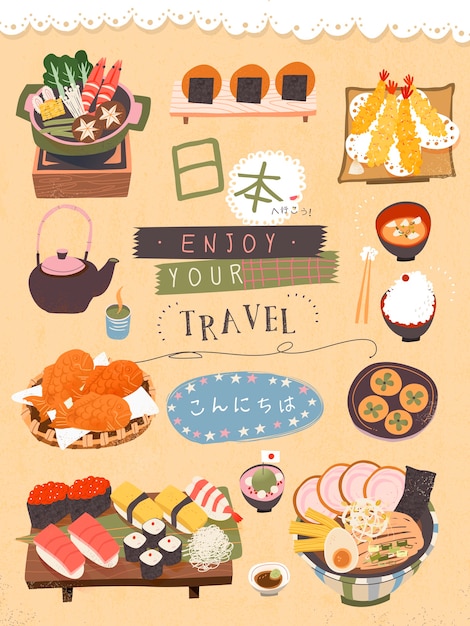 ntrekkelijke Japanse Delicatesseposter Let S Go To Japan And Hello In Japanese Premium Vector