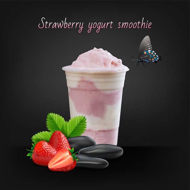 Aardbei smoothie of milkshake in kruik op zwarte achtergrond, gezond voedsel voor ontbijt en snack, vectorillustratie. Premium Vector