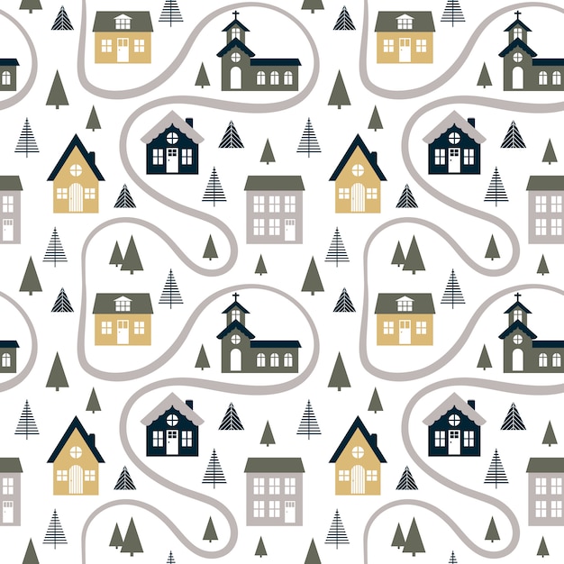 Abstract naadloos patroon met leuke huizen, bomen en weg. Premium Vector