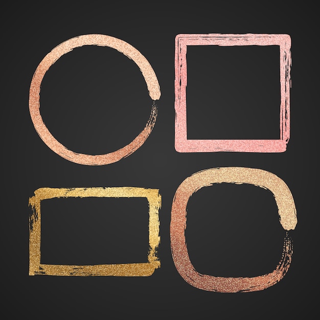 Abstracte gouden en roze geïsoleerde de verfframes van de metaal glanzende vectorgrens. rond het textuurkader en vierkant schittert de illustratie van de fonkelingsslag Premium Vector