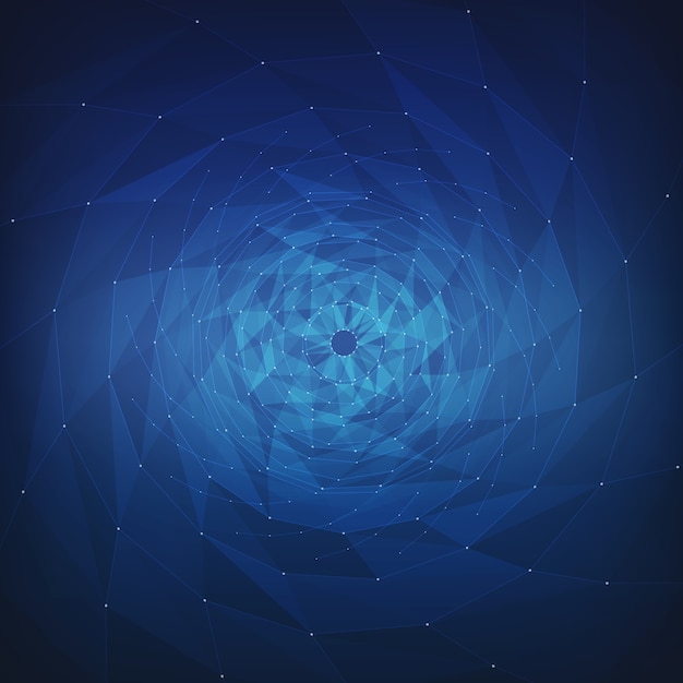 Abstracte vector mesh achtergrond. chaotisch verbonden punten en veelhoeken die in de ruimte vliegen. vliegend puin. futuristische technologie stijl kaart. lijnen, punten, cirkels en vliegtuigen. futuristisch ontwerp. Gratis Vector