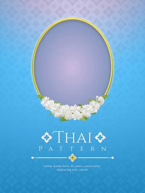 Achtergrond met frame en mooie jasmijnbloem. modern lijn thais traditioneel ontwerp Premium Vector