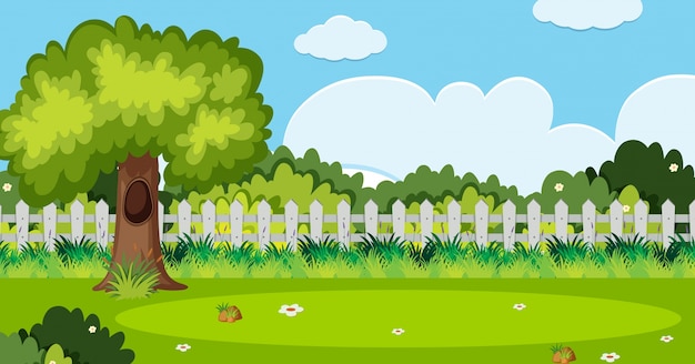 Achtergrondscène met boom en witte omheining in tuin Premium Vector