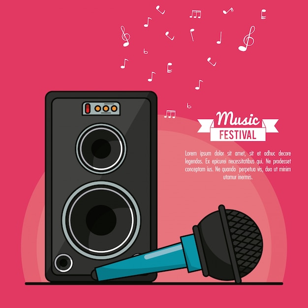 Affichemuziekfestival met luidsprekerdoos en microfoon Premium Vector