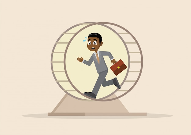 Afrikaanse zakenman die aan een hamsterwiel werkt. Premium Vector