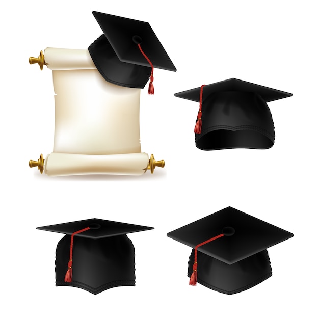 Afstuderen cap met diploma, officieel document van het onderwijs aan de universiteit of hogeschool. Gratis Vector