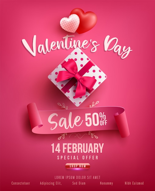 Aftelkalender voor valentijnsdag verkoop poster of spandoek met cadeau, liefje en mooie items op roze. promotie en winkelen sjabloon of voor liefde en valentijnsdag | Premium Vector