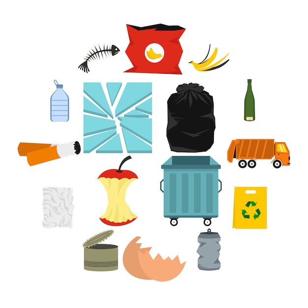 Afval en afval iconen set, vlakke stijl Premium Vector