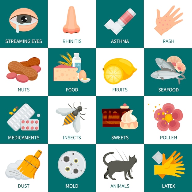 Allergie achtergrond. allergie vectorillustratie. allergie platte symbolen. allergie ontwerpset. allergie geïsoleerde reeks. Premium Vector