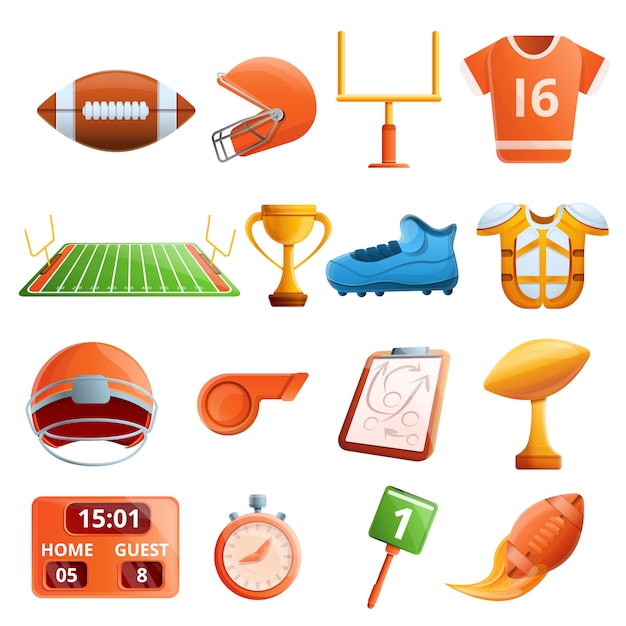American football-apparatuur set, cartoon stijl Premium Vector