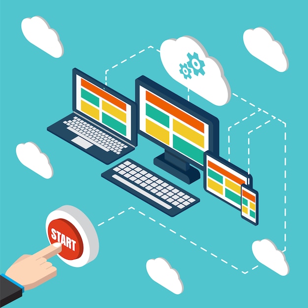 Analyse en programmeervector. web applicatie optimalisatie. responsieve pc. cloud technologie Premium Vector