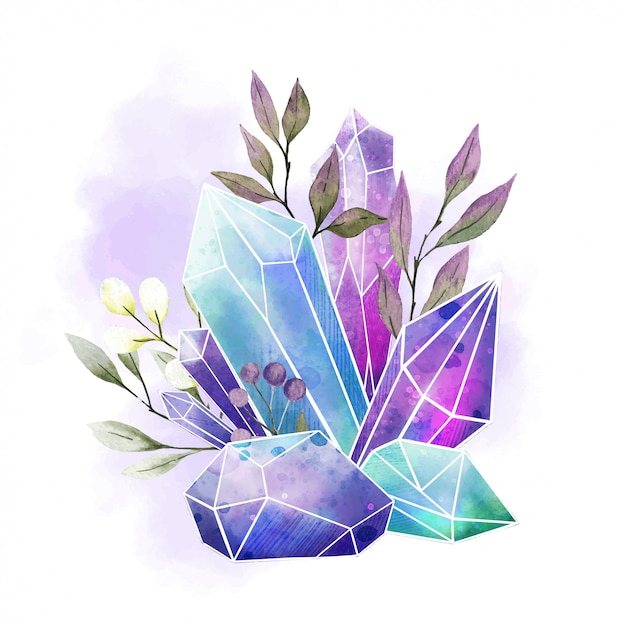 Aquarel edelstenen, kristallen en bladeren, hand getekende aquarel