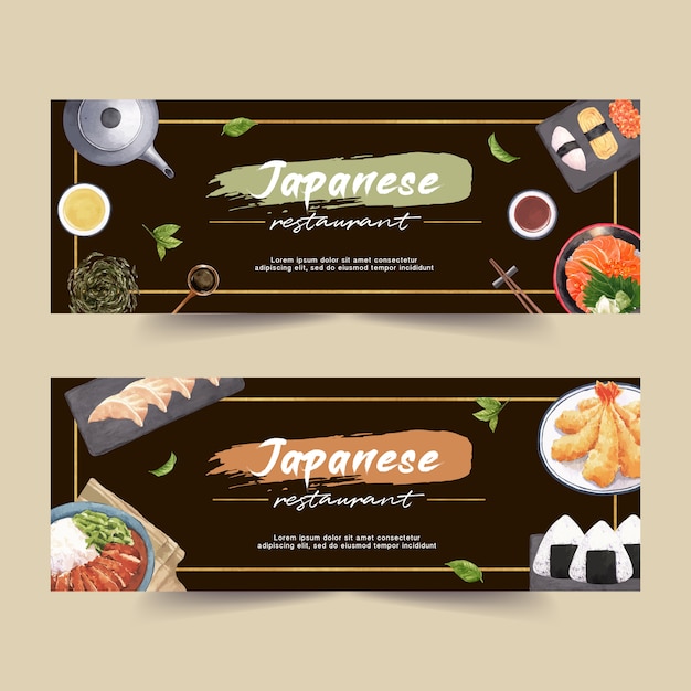 Aquarel illustratie met creatieve sushi-thema voor banners, reclame en folder. Gratis Vector