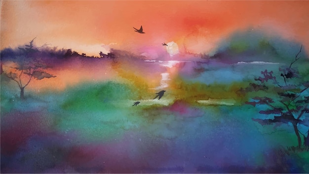Aquarel Schilderij Natuur En Meer Reflectie Landschap Premium Vector