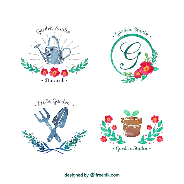 Aquarel tuin badges Gratis Vector