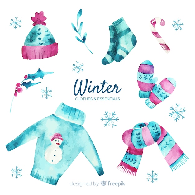 Aquarel winterkleren en essentials Gratis Vector