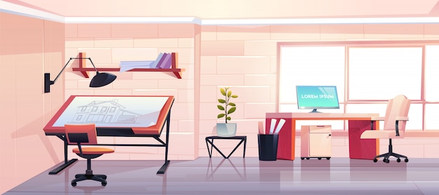 Architectenbureau met blauwdruk in ontwerpstudio Gratis Vector