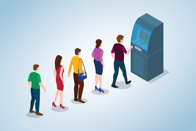 Atm-rijconcept met mensenmannen en vrouw die witdraw contant geldgeld met moderne vlakke stijl en isometrische 3d een rij vormen Premium Vector