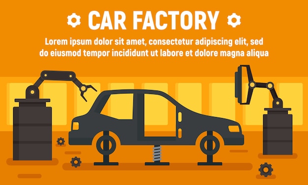 Auto fabriek assemblagelijn banner, vlakke stijl Premium Vector