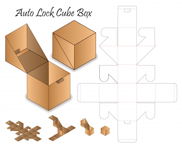 Auto lock box verpakking gestanst sjabloonontwerp. 3d-model Premium Vector