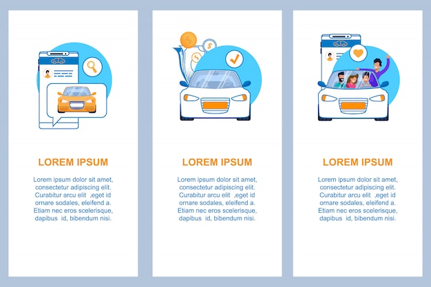 Auto service verticale platte sjabloon voor spandoek instellen. illustratie van modern automobielrit bedrijfsconcept. autodelen, carpoolen of taxi advertentie. mobiele-telefoonapplicatie met chat voor bestelling. Premium Vector