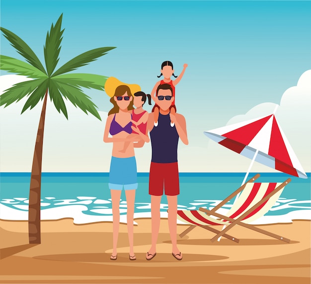 Avatar familie met kinderen op het strand, kleurrijk ontwerp Premium Vector