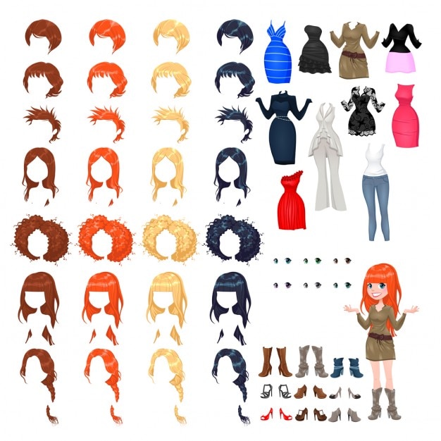 Avatar van een vrouw vector illustratie geïsoleerde objecten 7 kapsels met 4 kleuren elk een 10 verschillende jurken 6 ogen kleuren 9 schoenen Gratis Vector