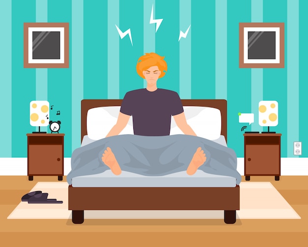 Awaking in slechte humeur jonge man vector illustratie. jongen die aan wekker luistert terwijl het zitten in bed met gesloten ogen. slaapkamer interieur. vlakke stijl ontwerp. Premium Vector