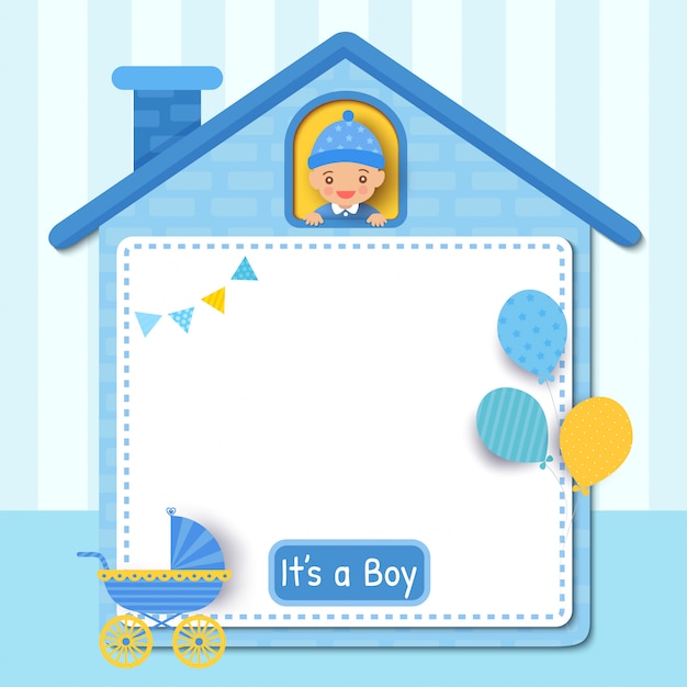 Baby douche kaart ontwerp met kleine jongen op schattig huis frame versierd met ballonnen voor feest Premium Vector