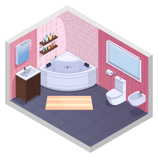 Badkamers isometrisch binnenland met hoekige tonplanken met gel en shampoo flessenbak en toiletkom vectorillustratie Gratis Vector