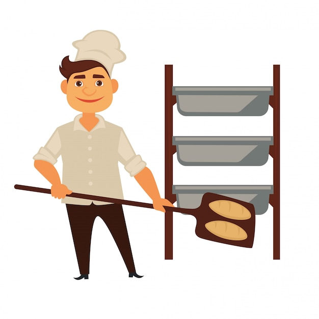 Baker man in bakkerij winkel bakken brood vector geïsoleerde baker beroep mensen pictogram Premium Vector