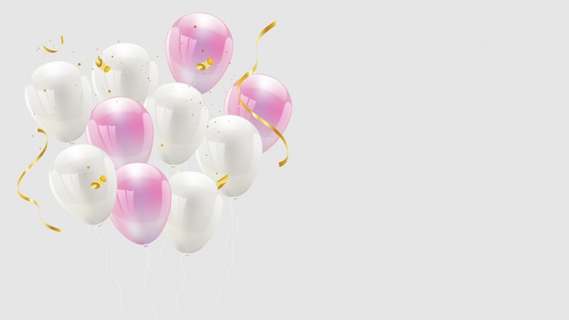 Ballonkleur roze en wit, confetti en gouden linten. luxe groet rijke kaart. Premium Vector