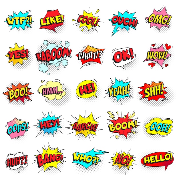 Bang, ouch shouts en yeah shouting text bubble Premium Vector