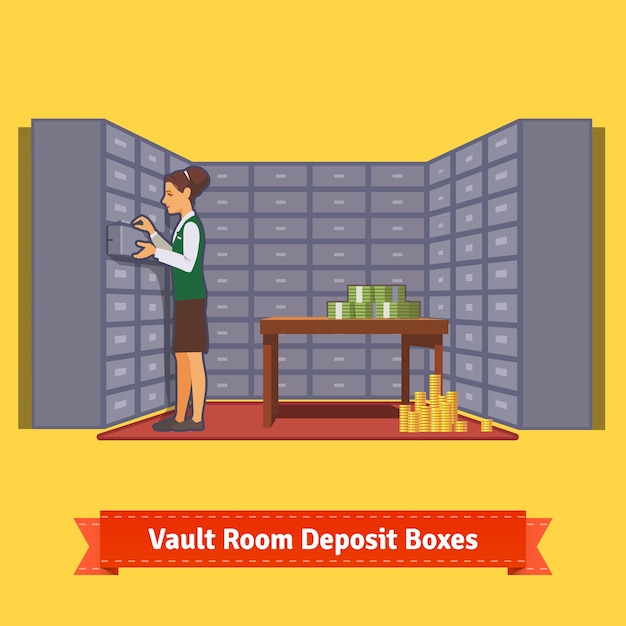 Bank kluis kamer met een klerk en kluisjes Gratis Vector