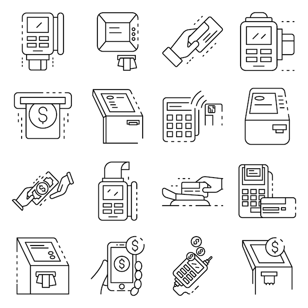 Bank terminal pictogrammen instellen. overzichtsreeks bank eind vectorpictogrammen Premium Vector