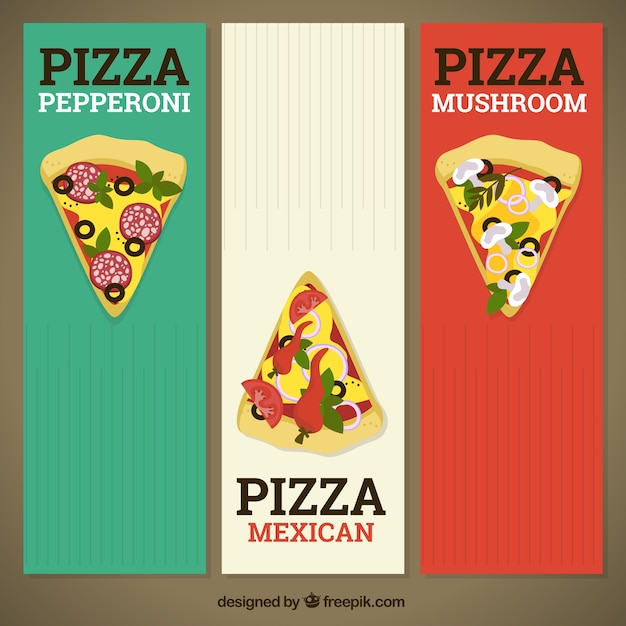Banners van kleuren italiaanse vlag met pizza stukken | Gratis Vector