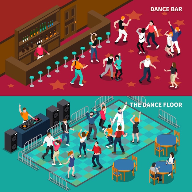 Bar dance floor 2 isometrische banners Gratis Vector