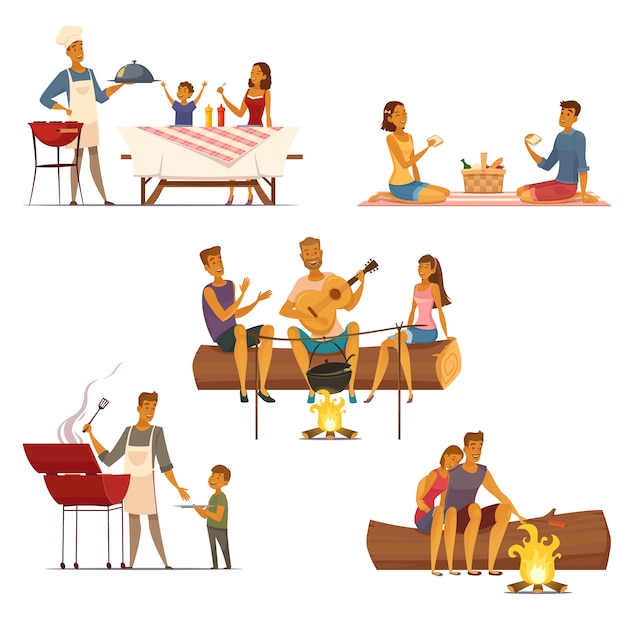 Barbecue picknick buiten weekend met familie en vrienden 5 retro cartoon composities iconen geïsoleerd Gratis Vector