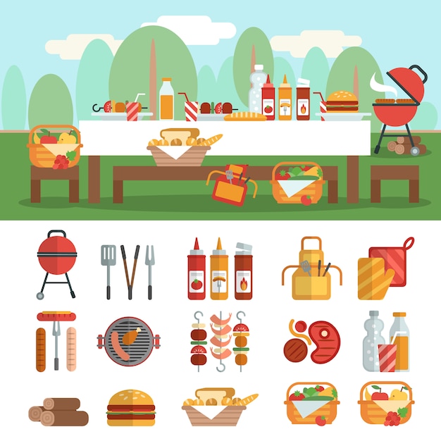 Bbq-feest banner instellen Gratis Vector