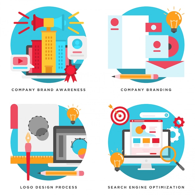 Bedrijfsbranding, logo-ontwerp, seo-concepten ontwerp Premium Vector