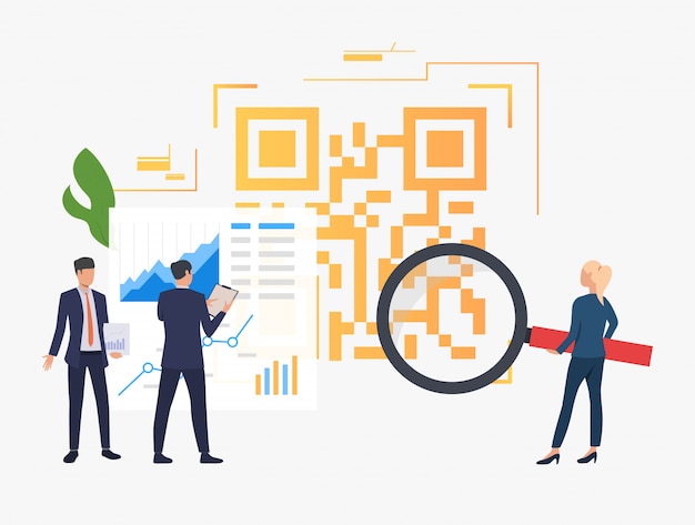 Bedrijfsmensen die financiële gegevens en grote qr-code analyseren Gratis Vector