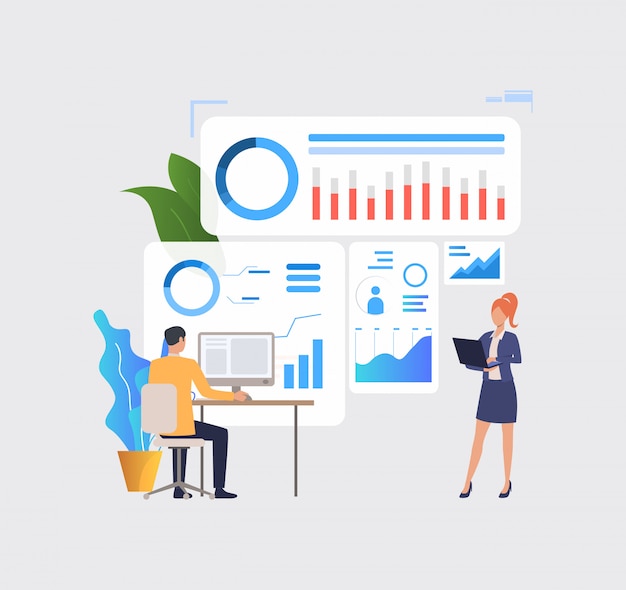 Bedrijfsmensen die financiële grafieken op computers analyseren Gratis Vector