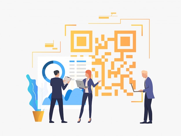 Bedrijfsmensen die kwesties in bureau en grote qr-code bespreken Gratis Vector