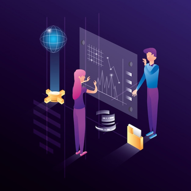 Bedrijfspaar met datacenter netwerkpictogrammen Premium Vector