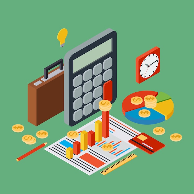 Bedrijfsrapport, financiële statistiek, management, portfolio, analytics flat 3d isometrische vector concept. moderne web infographic illustratie Premium Vector