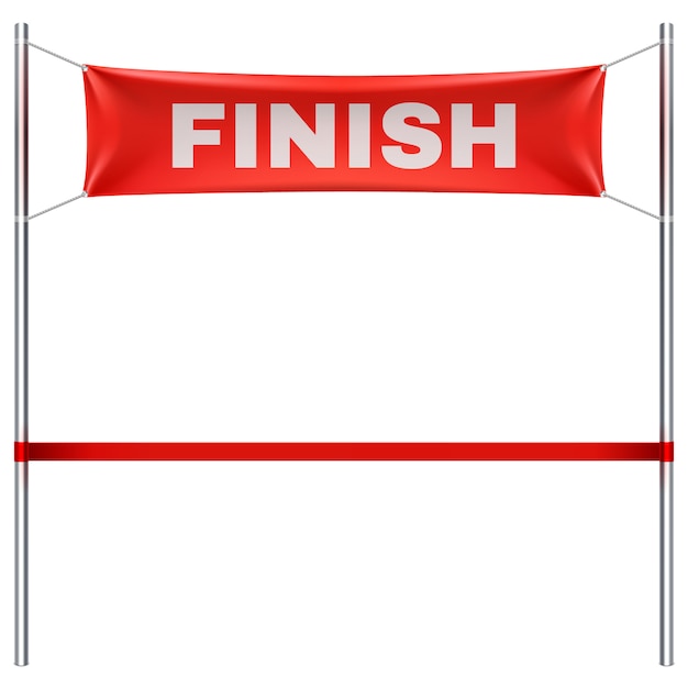 Beëindig lijn met rode textiel geïsoleerde banner vectorillustratie. finish sportrace, overwinning en succes afwerking Premium Vector