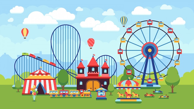 Beeldverhaalpretpark met circus, carrousels en achtbaan vectorillustratie. circuspark en carrousel cartoon plezier, amusement en carnaval Premium Vector