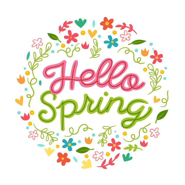 Belettering met kleurrijke decoratie voor de lente | Gratis Vector