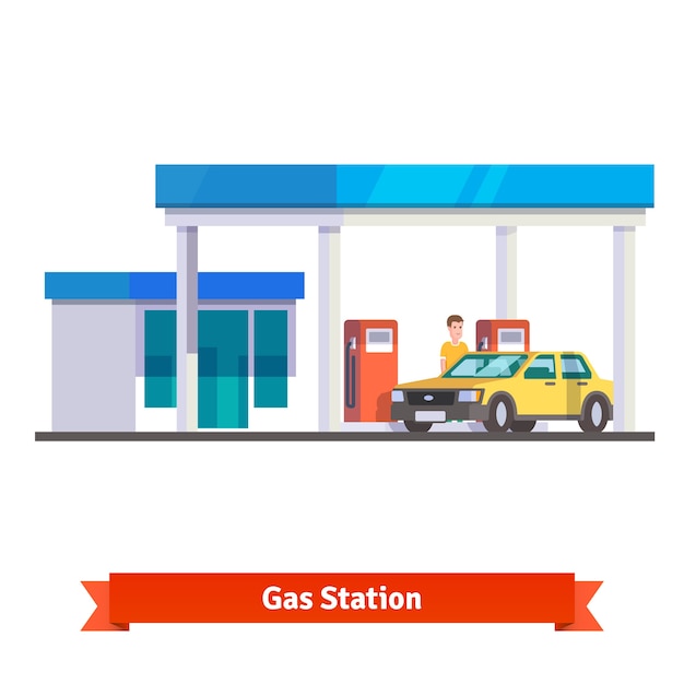 Benzine station met auto brandstof Gratis Vector