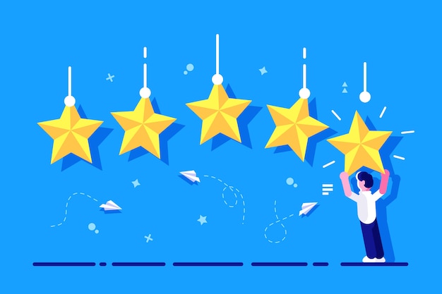 Beoordeling met karakter. aantal sterren. zakenman die gouden ster in handen houdt, om vijf te geven. feedback concept. evaluatiesysteem. positieve beoordeling. kwaliteitswerk. feedback voor webpagina, banner. Premium Vector
